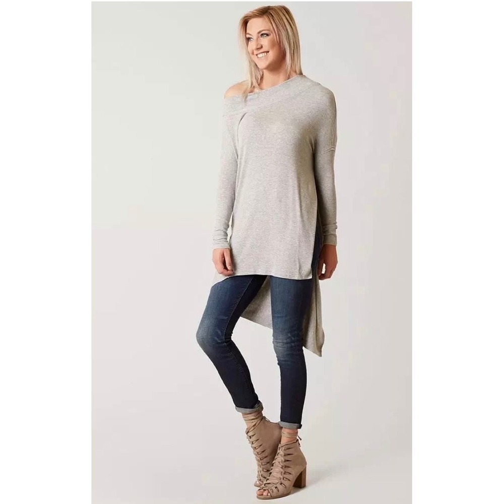 We The Free Tunic Top Womens L Gray Ribbed Cowl Neck Asymmetrical High‎ Low Hem